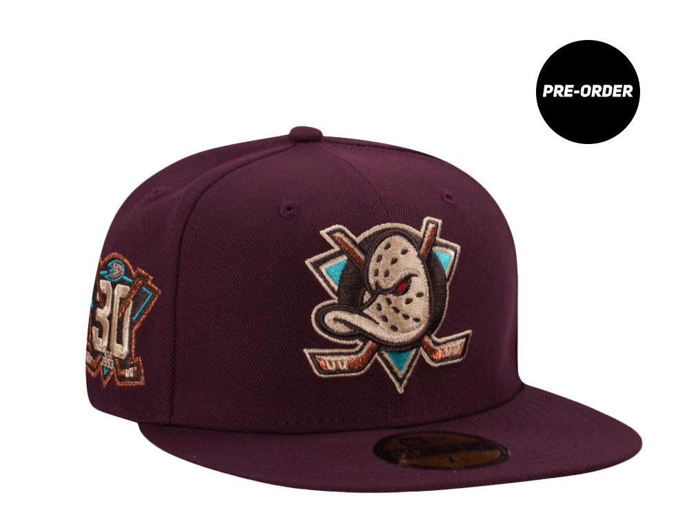 PRE-ORDER New Era Anaheim Ducks 30th Anniversary Maroon Prime Edition Edition 59Fifty Fitted Hat