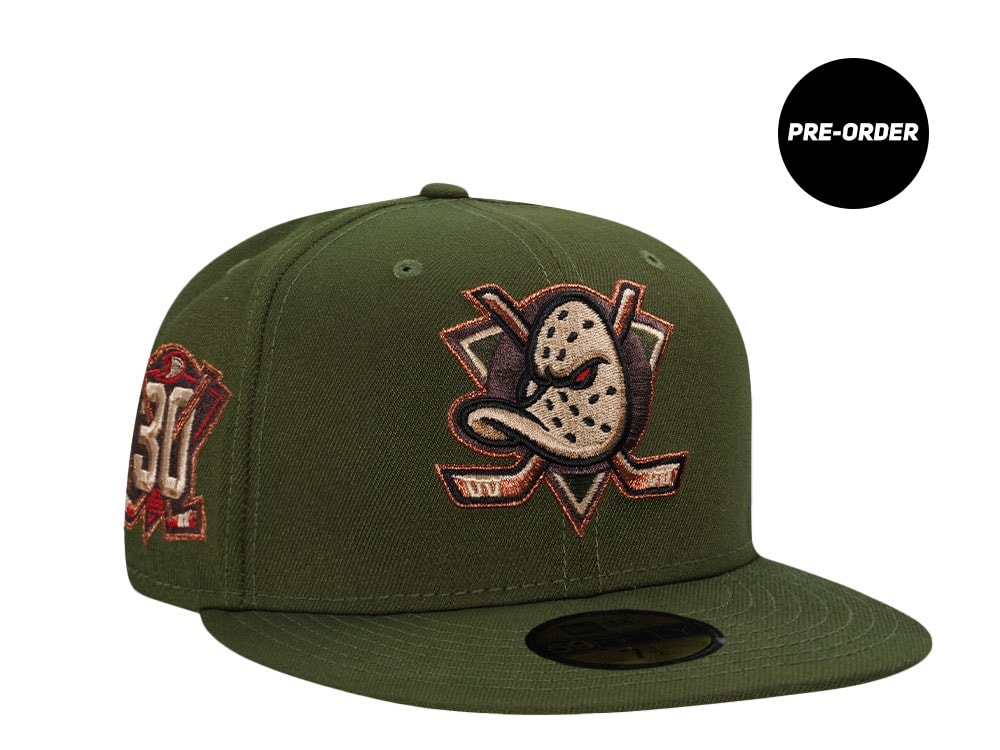 PRE-ORDER New Era Anaheim Ducks 30th Anniversary Horror Pack Rifle Green Edition 59Fifty Fitted Cap