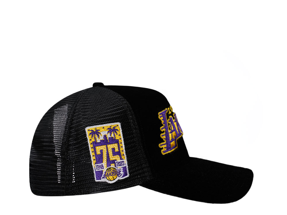 New Era Los Angeles Lakers 75th Anniversary Black Velvet 9Forty A Frame Trucker Snapback Hat